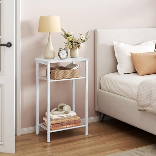 Hoctieon 2-Set 3 Tier End Table, Telephone Table Set of 2, Tall Side Table with Storage Set of 2, Small Nightstand for Small Spaces, Metal Frame, White - color: White, size: 2 Pack