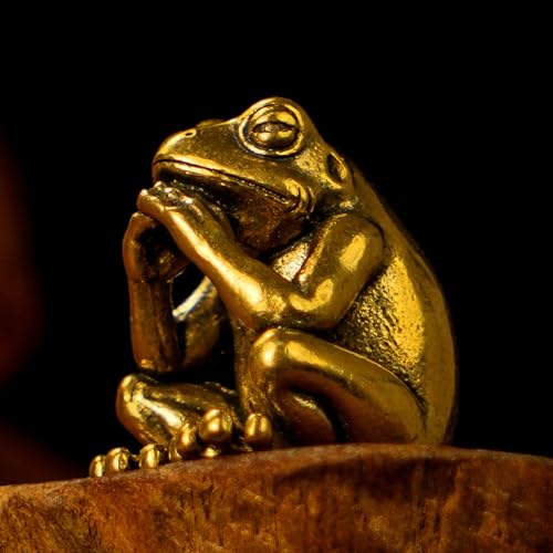 100% Solid Brass Meditating Frog Statue - Retro Desktop Decor Collectible Figurines for Oddities and Curiosities Unique Desk Ornament and Home Decor Art Piece Vintage Crafts for Office or Living Space - color: Pensive Frog