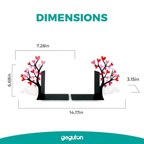 Tree Bookends with Heart-Shaped Leaves - Steel with Epoxy Coating and Wood Base - Decorative Pair of Book Holders for Shelves and Desk - Black with Red and Pink Accents – Geguton - color: Flower-heart Tree - Colorful