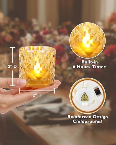 Homemory 2" x 2" Acrylic Votive Candle Holders with Auto Timer Flameless Led Tealight, Battery Powered Fake Electric Candles for Wedding Centerpiece, Table, Christmas Decor (12Pack, Gold Base) - color: Gold, size: 12 Pack