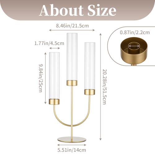 Sziqiqi Candelabra Gold Candlestick Holders: 3 Arm Candelabra Centerpiece with Glass Hurricane for Dining Table Fireplace - Modern Candle Holders for Wedding Christmas - color: Gold