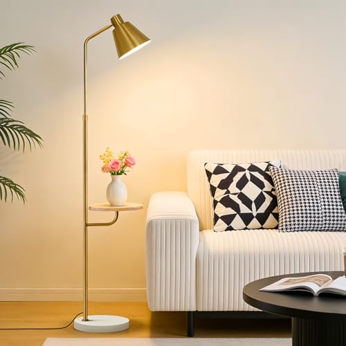 Gold Brushed Floor Lamp with Side Table for Living Room Bedroom, Modern Standing Lamp 12W LED 3-Color Dimmable 3000K/4500K/6500K, Adjustable Gooseneck Reading Light with Wood Shelf for Office Corner - color: Gold Table