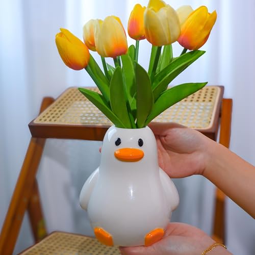 Mougigi Unique Duck Vase - Cute White Ceramic Handcrafted Piece with Round Modern Design, Funky Aesthetic Table Decor for Flowers/Accessories, Cool Animal Goose-Themed Art Vase Great for Decor Gifts - color: Fat Duck Vase