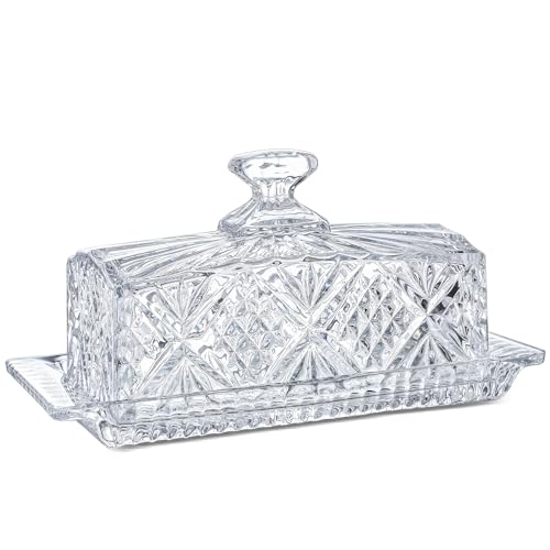 Crystal Covered Butter Dish,8inch Classic Glass 2-Piece Design Butter Keeper with Lid | Butter Holder | Dishwasher Safe - size: 8inch