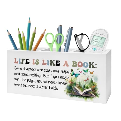 Inspirational Pencil Pen Holder for Desk, Life Is Like A Book Wooden Pencil Holder Organizer for Home Office Library Desk Accessories, Encouragement Gifts for Women - color: Color-Desk accessories white 12