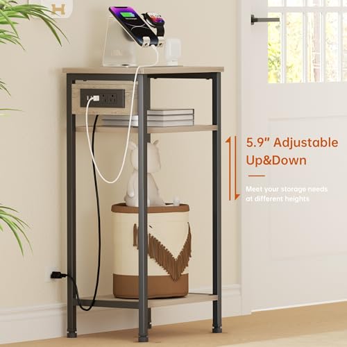 Asgolion Tall End Table with Charging Station, 3 Tier Narrow Beside Table with Adjustable Shelf, Tall Side Table Nightstand for Bedroom, Living Room Coffe Table, Office, Greige - color: Greige, style: With Outlet
