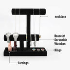 ByKen Necklace Holder,Bracelet Holder,Jewelry Organizer Stand with Earrings Rings Tray,Jewelry Holder for Scrunchie Watches (Black Velvet)