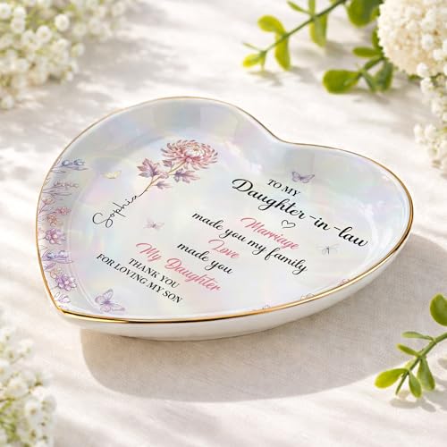 Personalized Heart Shape Jewelry Dish for Daughter-in-Law, Ceramic Trinket Tray Ring Holder With Custom Birth Flower, “Marriage Made You Family, Love Made You My Daughter” Keepsake - color: Daughter In Law 129