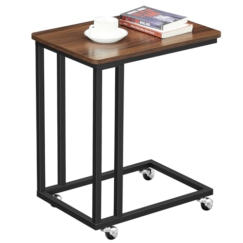 VASAGLE End Table, C Shaped TV Tray with Metal Frame Rolling Casters, Industrial Side Table for Living Room Bedroom, 19.7 x 13.8 x 23.6 Inches, Dark Walnut and Black - color: Dark Walnut + Black
