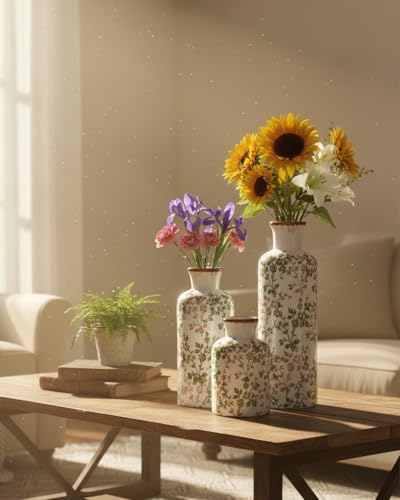 Ceramic Vase Set of 3, Vintage Ceramic Flower Vases, Crackle-Glaze & Distressed Rim, Brown & Green Botanical Pattern, for Home Decor, Living Room Mantel & Dining Table Centerpiece - color: Green & Brown01