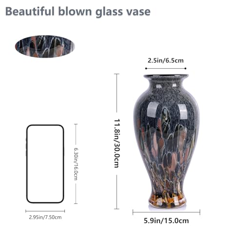 Hand Blown Glass Vase 11.8" Tall Beautiful Amber Blue Sea Wide Mouth Bud Vase for Table Centerpiece, Painted Colorful Murano Glass Flower Vases for - Home Entrance Wedding Center - color: Smoke