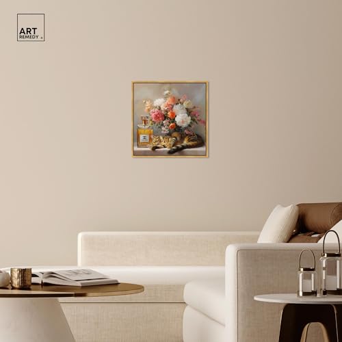 Art Remedy Cat Floral Vase Perfume Canvas Fashion Pet Art, Gold Frame, 24" x 24" - color: Gold Frame, size: 25"L x 25"W