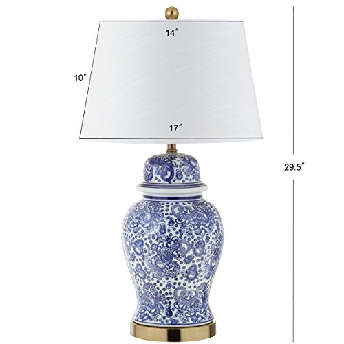 JONATHAN Y 29.5" Blue/White Ceramic Table Lamp for Living Room and Office, White Linen Drum Shade, Traditional Chinoiserie Ginger Jar Lamp, LED Bulb Included JYL3008A - color: Blue/White