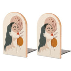 Minimal Boho Illustration Wooden Bookends Shelves 2 PCS Woman Plain Sturdy Book Holders Desktop Organizer for Home Office Libraries - color: Color-6
