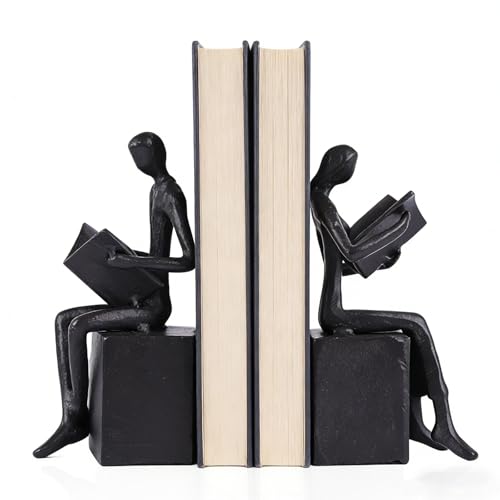 Black Reading Couple Cast Iron Bookshelf Decor Bookends Set of 2, Bookend for Office Desk, Living Room, Bedroom, Home Decorative Book Lovers Gifts
