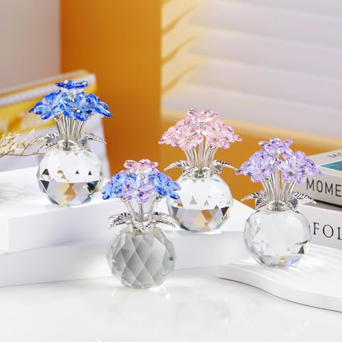 YWHL Blue Crystal Forget Me Not Flowers Gifts for Women, Handmade Glass Flower Bouquet Collectible Figurine for Tabletop Centerpieces - color: Blue