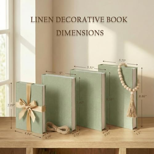 Decorative Books for Home Decor-Set of 4 Real Linen Decorative Books, Stacked Books with Wood Bead Garland, Jute Twine & Satin Ribbon, Neutral Modern Farmhouse & Boho Shelf Decor (Sage) - color: Sage