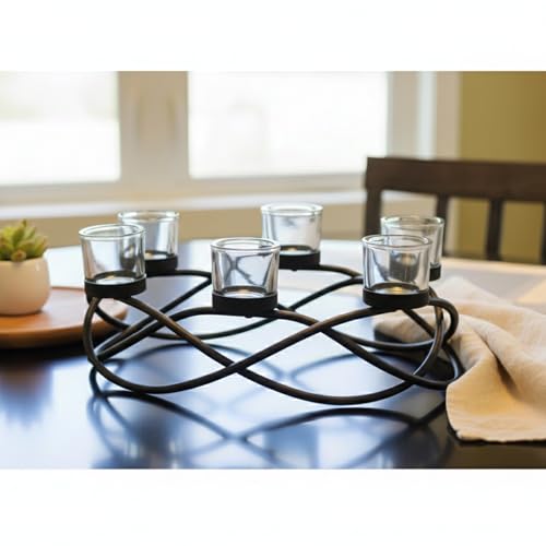 Seraphic Iron Oval Table Decor Centerpiece Decorations Candle Holder for Weddings, Outdoor Patio, Kitchen, Dining Room, and Coffee Tables, Glass Votive Tealight Holders, Black, 6 Clear Chunky Cups - color: Oval Clear
