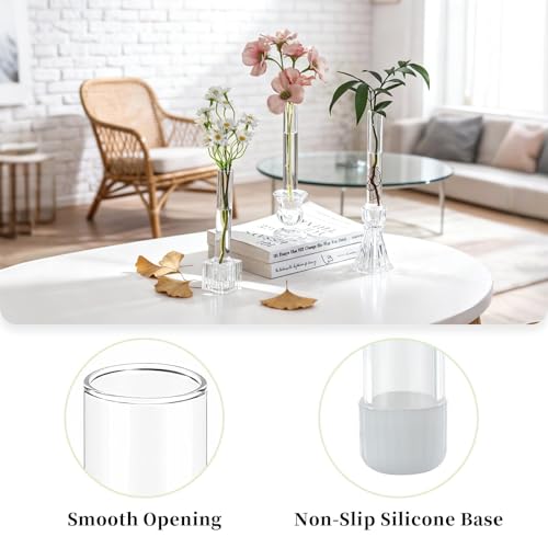 Glasseam Glass Bud Vase for Flowers: 3pcs Clear Small Vases for 22mm Candlestick Taper Candle Holders - 5.9" Skinny Table Centerpieces with Silicon Case for Tablescapes, Wedding Gift and Home Decor