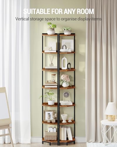 Hzuaneri Corner Shelf Stand, Corner Bookshelf, Storage Standing Shelf Unit with Metal Frame, Plant Stand, Bookcase for Living Room, Home Office, Bedroom, 7-Tier Rustic Brown CS07001B - color: Rustic Brown, size: 7 Tier