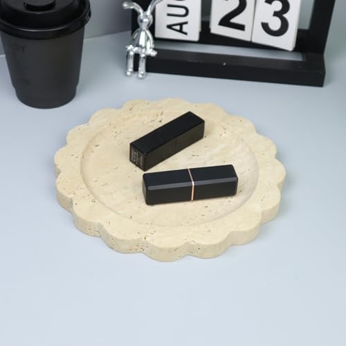Round Marble Decorative Tray with Scalloped Edge, Luxury Natural Stone Bathroom Vanity Tray, Dresser Top Perfume Coffee Home Kitchen Sink Tray, Key Trinket Ring - color: Beige Travertine