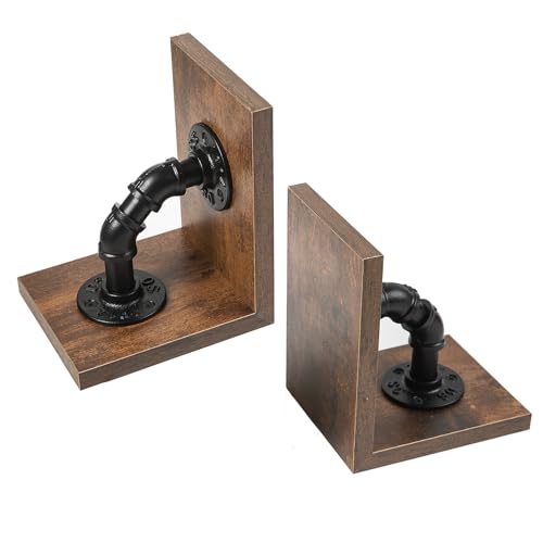 Rustic Decorative Wooden Tabletop Farmhouse Bookends for Heavy Books with Modern Industrial-Style Pipe Office Desktop Bookshelf Organizers Stoppers Holder Nonskid Shelf Decor 1-Pair (Dark Brown) - color: Dark Brown
