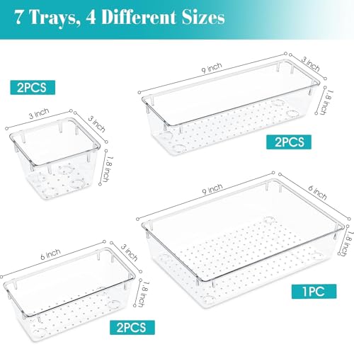 StorMiracle 7 PCS Clear Plastic Drawer Organizers Set, 4 Size Desk Drawer Organizer Trays for Makeup, Jewelry, Kitchen Utensils, Gadgets and Office Accessories - color: Clear, size: 7 PCS