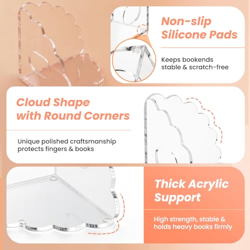 Scalloped Acrylic Bookends, 2 Pcs Heavy Duty Clear Book Holder Stands with Non-Slip Pads for Books, Files, CDs & Video Games, Modern Shelf & Desk Organizer - color: 2 Pcs