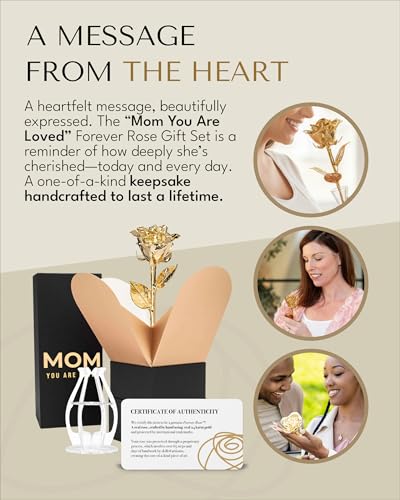Forever Rose Bloom Box & Phantom Vase Combo, 24k Gold Dipped Rose in a Personalized Gift Box That Says Mom You are Loved Embossed in Gold Foil, Unique & Everlasting Gift for Any Occasion - color: Gold Dipped Rose (Vase & Mom You Are Loved Box)
