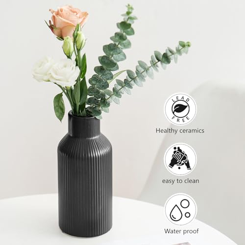Bohemian Black Ceramic Vase - for Pampas Grass, Mantel, Bookshelf, Entryway and Living Room Decor (Black, 8in) - color: Black, size: 8in