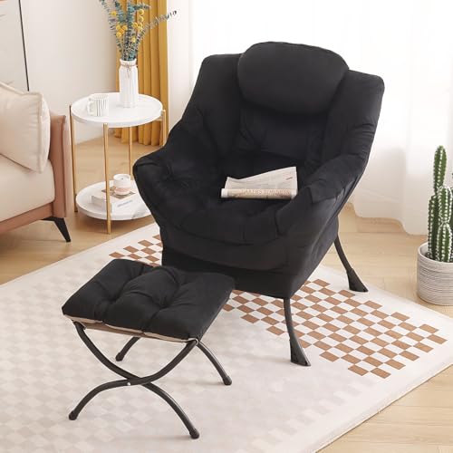 Tiita Lazy Chair with Ottoman, Black Modern Large Accent Chair, Comfy Leisure Sofa Armchair with Ottoman, Reading Chair with Footrest for Bedroom, Living Room, Dorm Rooms, Velvet Black - color: Black