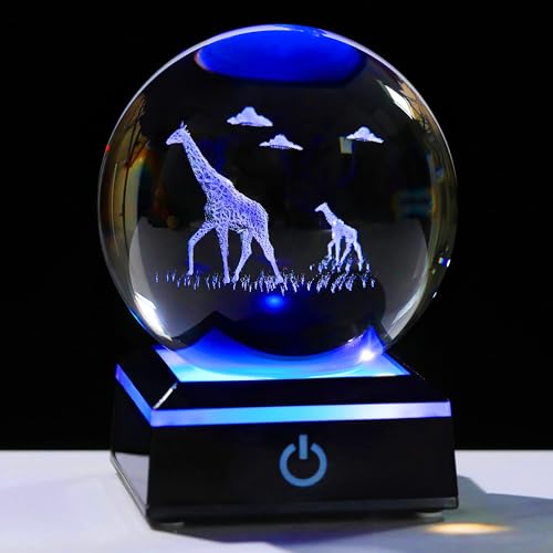 Qianwei Giraffe Gifts for Women Men 3D Crystal Ball 3.14'' - Laser Giraffe Decor Glass Animals Figurines Statue Stuff for Room Night Light Giraffe Gifts for Mom - style: Giraffe