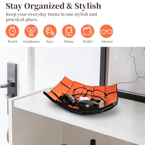 MSJGA Valet Tray PU Leather Key Holder Bowl for Women and Men Entryway Table Nightstand Desk Tray for Wallet, Keys Men's Gift - Orange & Black, 9.8" L x 9.8" W x 2" H - color: Orange + Black