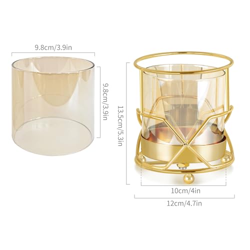 Hurricane Candle Holder, Gold Pillar Candle Holder with Geometric Decorative Accents & Windproof Glass Lid, Perfect for Weddings, Dinners, Parties & Special Events - size: 13cm
