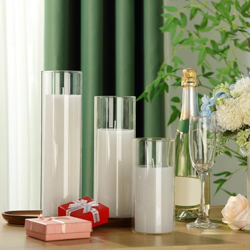 Shihanee Set of 6 Pillar Candles with Glass Cylinder Vases Clear Cylinder Hurricane Candleholders for Slim Tall Pillar Candles Wedding Table Centerpieces(3.4'' X 7", 9.8", 11.8",White) - color: White, size: 3.4'' X 7", 9.8", 11.8"