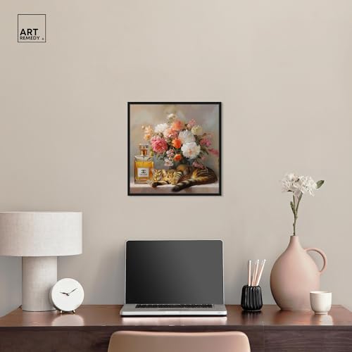 Art Remedy Cat Floral Vase Perfume Canvas Fashion Pet Art, Black Frame, 16" x 16" - color: Black Frame, size: 17"L x 17"W