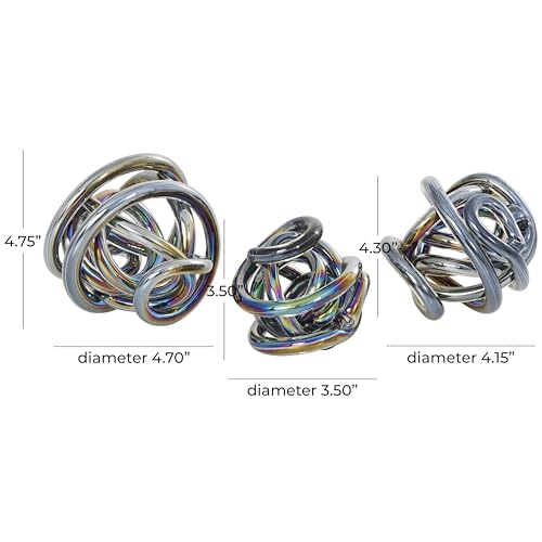 Deco 79 Glass Abstract Handmade Decorative Sculpture Iridescent Knotted Ball Home Decor Statues, Set of 3 Accent Figurines 5", 4", 4"W, Dark Gray - color: Gray