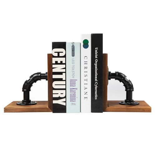 Rustic Decorative Wooden Tabletop Farmhouse Bookends for Heavy Books with Modern Industrial-Style Pipe Office Desktop Bookshelf Organizers Stoppers Holder Nonskid Shelf Decor 1-Pair (Brown) - color: Brown