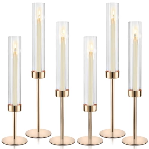 Gold Hurricane Candle Holders, Set of 6 Glass Taper Candlestick Holders Metal Candle Stands Bulk with Ribbed Glass Cover for Dining Tables Wedding Candelabra Centerpieces Decor - color: Gold