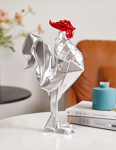 Rooster Sculpture Statue Animal Figurine Modern Decor Art Home Gift for Table Bookshelf Desk Polyresin Silver 12.2 Inch - color: Silver