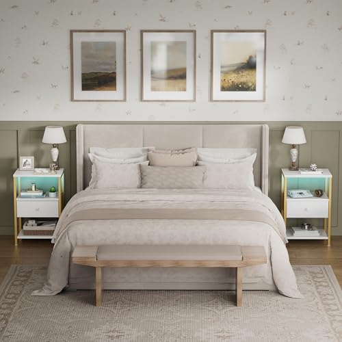 BOLUO White and Gold Nightstand with Charging Station, LED Night Stand with Fabric Drawers and Shelf, Bedside Table with USB Ports and Outlets, Bedroom Nightstand Modern - color: D. Gold