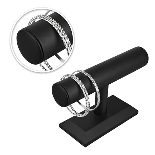 MOOCA Black Deluxe PU Faux Leather Jewelry Holder Organizer, Wooden Bracelet Holder Stand, T-Bar Display Stand, Jewelry Organizer Stand for Bracelets, Bangles, and Watches - color: Black Faux Leather