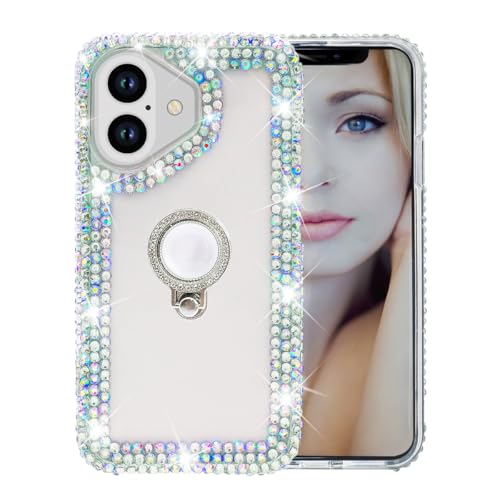 Bonitec Compatible with iPhone 17 Case for Women Glitter Sparkle Bling Cute Metal Finger Ring Bracket Stand Luxury Shiny Crystal Rhinestone Diamond Clear Protective Bumper Cover for Girls