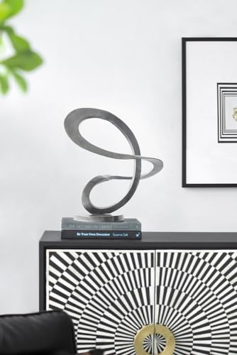 14.5” x 16.5” Black Metal Curved Abstract Art Sculpture with Round Base, Modern Art Deco Home Accent Sculpture, Centerpiece for Tabletop, Mantel, Bookshelf, Countertop, Office, Living Room
