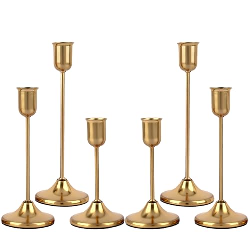 Gold Candlestick Holders Taper Candle Holder for Candlesticks Metal Set of 6 Vintage Centerpiece for Dining Table Wedding Christmas Thanksgiving Fireplace Home Decor Gift 007-TB-6