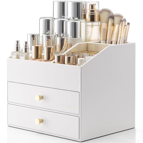 VLANDO Makeup Organizer for Vanity,Large Capacity Countertop Organizer with Drawers, PU Leather Cosmetic Display Case for Lipstick,Brushes,Skincare,Nail polish and Bedroom Storage (White) - color: 3 layers-White
