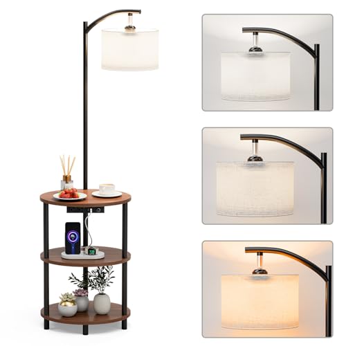 Round Side Table with Lamp and USB Ports, 3-Tier Small End Table for Living Room & Bedroom, Rustic Wood Metal Nightstand for Small Spaces, Easy to Assemble, Rustic Walnut - color: Rustic Walnut, size: 1-Pack, style: Built-in Charging + Lighting