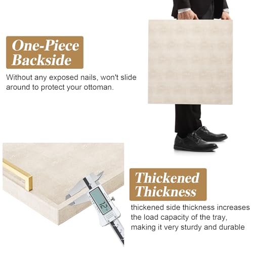 Large Ottoman Tray for Coffee Table,Square Shagreen Leather Decorative Tray with Gold Handles for Living Room Decor - color: Ivory, size: 20" x 20" x 3"
