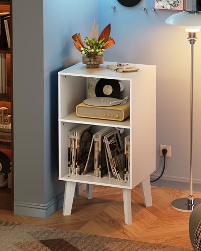 WLIVE Modern Nightstand with Storage, Small Space Bedside Table, End Table for Bedroom & Living Room, Mid Century Night Stand with Open Shelf & Sturdy Wood Legs, White - color: White
