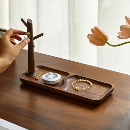 Black Walnut Solid Wood Key Dish Bowl for Entryway Table Square Tray With 3 Hooks, Open Storage for Keys, Wallet, Jewelry (Walnut, Rectangle) - color: Walnut, size: Rectangle